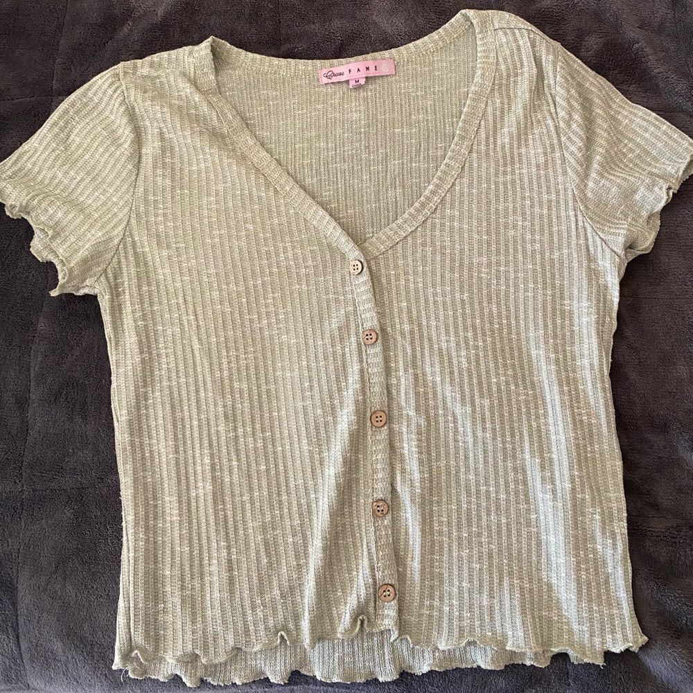 Green V Neck Button Front T-Shirt